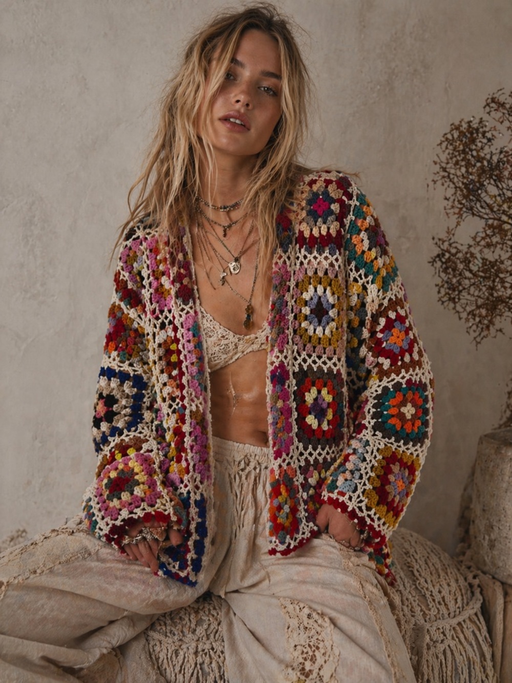 Crochet Granny Square Knit Open Front Hooded Multicolor Boho Cardigan